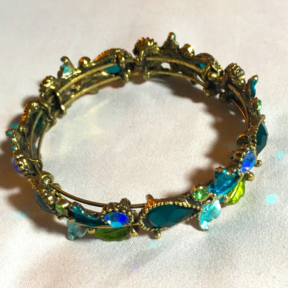 Blue & green jewel tone bangle bracelet. - Picture 1 of 4